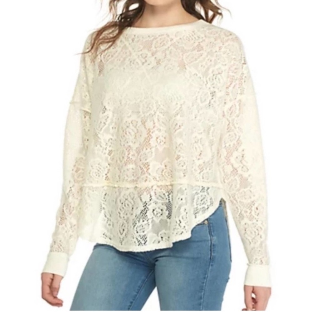 Free People Cream “Not So Cold In This Top” Lace Long Sleeve Tee